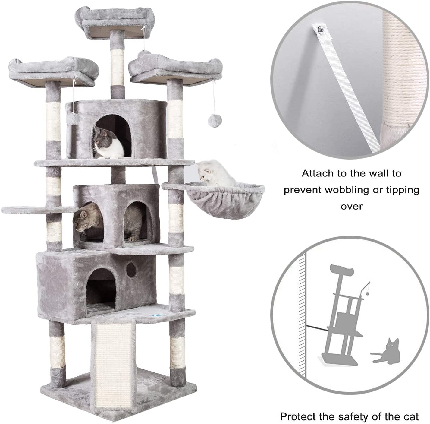 Extra Large Cat Tree Tower - 73.4" Cat Activity Center with 3 Caves, 3 Cozy Perches, and Scratching Posts - Perfect for Kittens and Large Cats - Light Gray