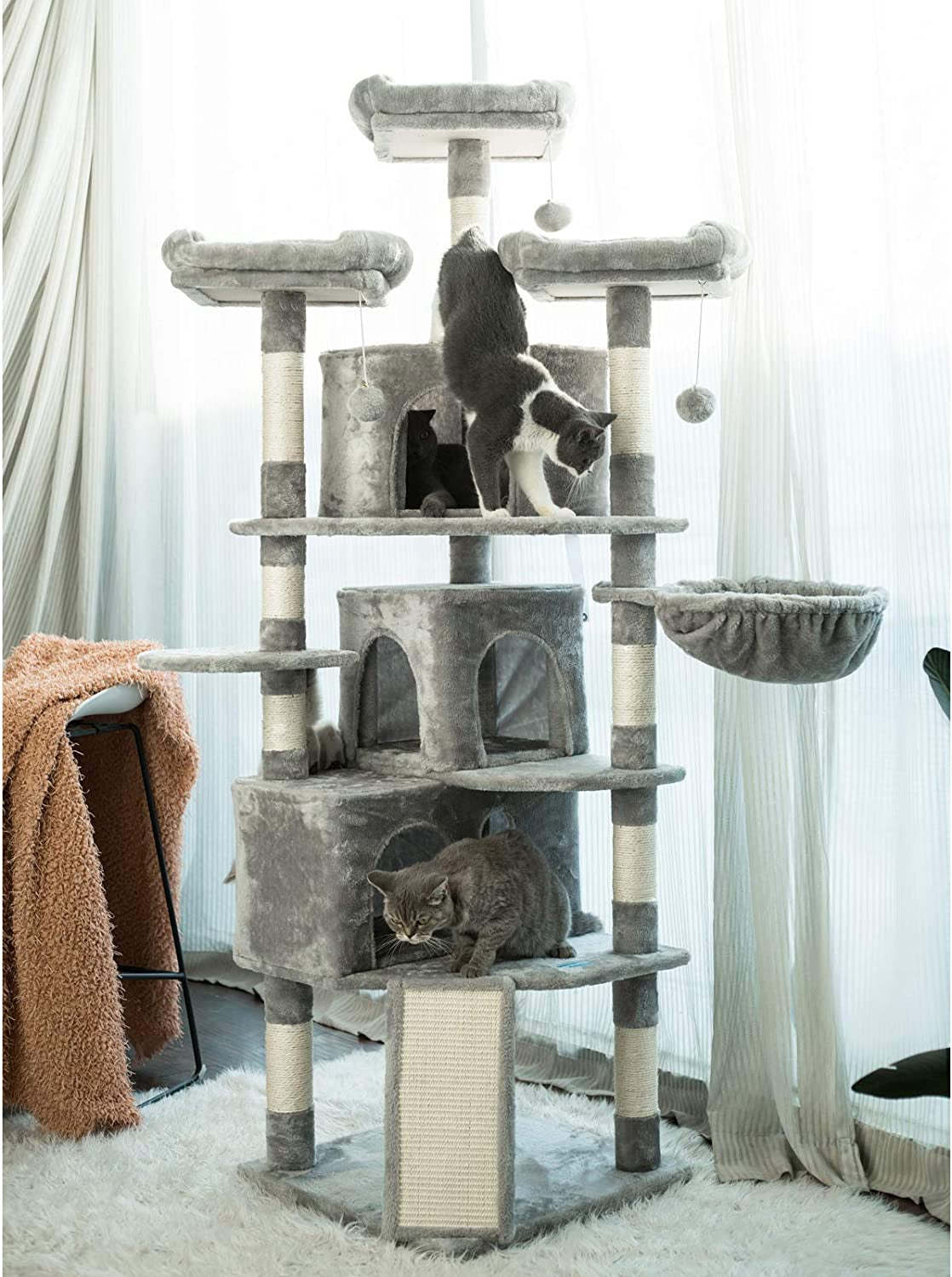Extra Large Cat Tree Tower - 73.4" Cat Activity Center with 3 Caves, 3 Cozy Perches, and Scratching Posts - Perfect for Kittens and Large Cats - Light Gray