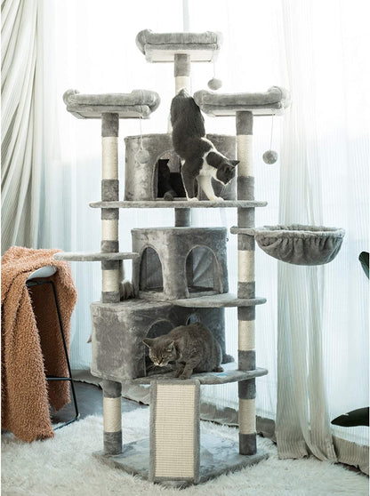 Extra Large Cat Tree Tower - 73.4" Cat Activity Center with 3 Caves, 3 Cozy Perches, and Scratching Posts - Perfect for Kittens and Large Cats - Light Gray