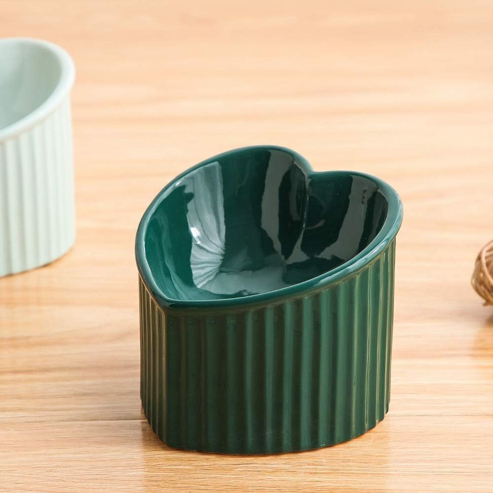 Dark Green Elevated Ceramic Cat Bowls – Tilted Raised Food & Water Bowls for Cats, Anti-Backflow Design, Dishwasher & Microwave Safe, Lead & Cadmium Free