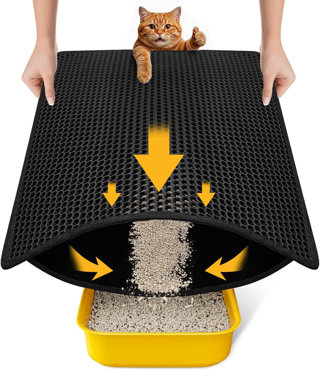 Compact Cat Litter Mat - 23.6"X14.6" Waterproof & Washable Honeycomb Design for Small Spaces - Easy Clean & Scatter Control - Black