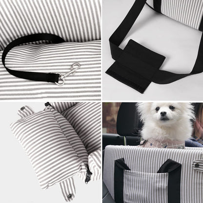 Elevate Your Pet's Travel Experience with Our Stylish Booster Bed Car Seat - Perfect for Small to Medium Dogs, Featuring Storage Pocket, Safety Leash & Washable Cover in Chic Stripe Design
