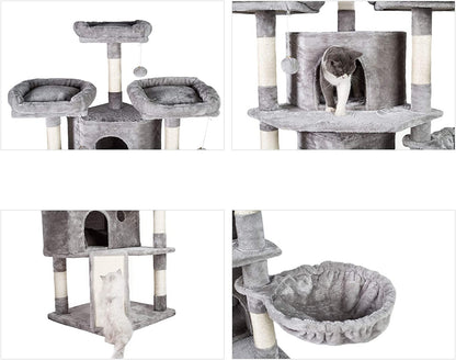 Extra Large Cat Tree Tower - 73.4" Cat Activity Center with 3 Caves, 3 Cozy Perches, and Scratching Posts - Perfect for Kittens and Large Cats - Light Gray