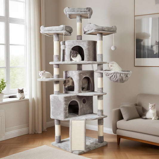 Extra Large Cat Tree Tower - 73.4" Cat Activity Center with 3 Caves, 3 Cozy Perches, and Scratching Posts - Perfect for Kittens and Large Cats - Light Gray