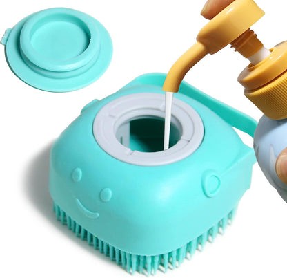 Soft Silicone Pet Bath Brush with Shampoo Dispenser - Perfect for Dogs & Cats - Blue Grooming Scrubber
