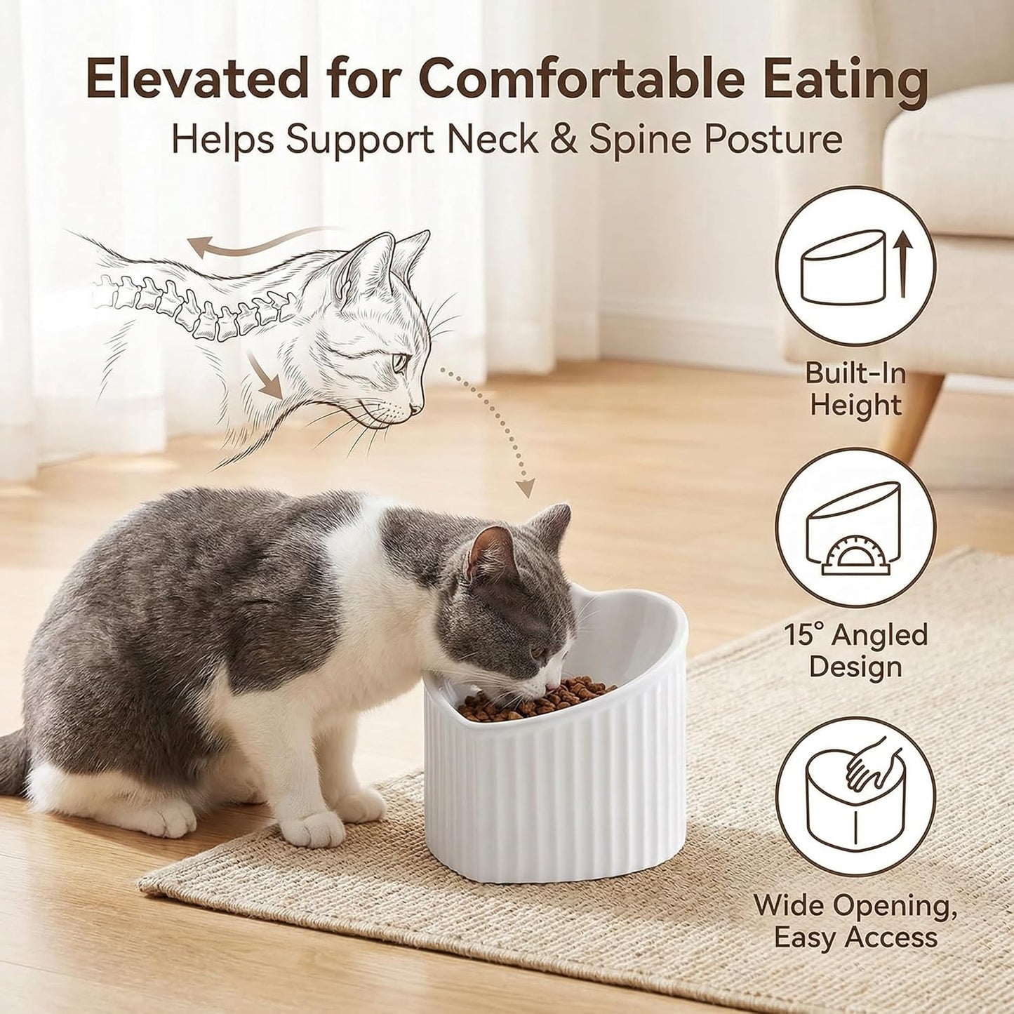 Dark Green Elevated Ceramic Cat Bowls – Tilted Raised Food & Water Bowls for Cats, Anti-Backflow Design, Dishwasher & Microwave Safe, Lead & Cadmium Free