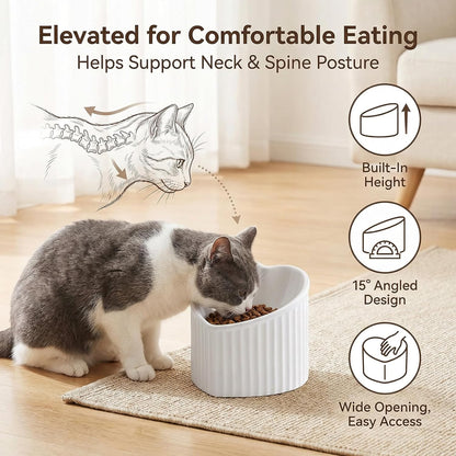 Dark Green Elevated Ceramic Cat Bowls – Tilted Raised Food & Water Bowls for Cats, Anti-Backflow Design, Dishwasher & Microwave Safe, Lead & Cadmium Free