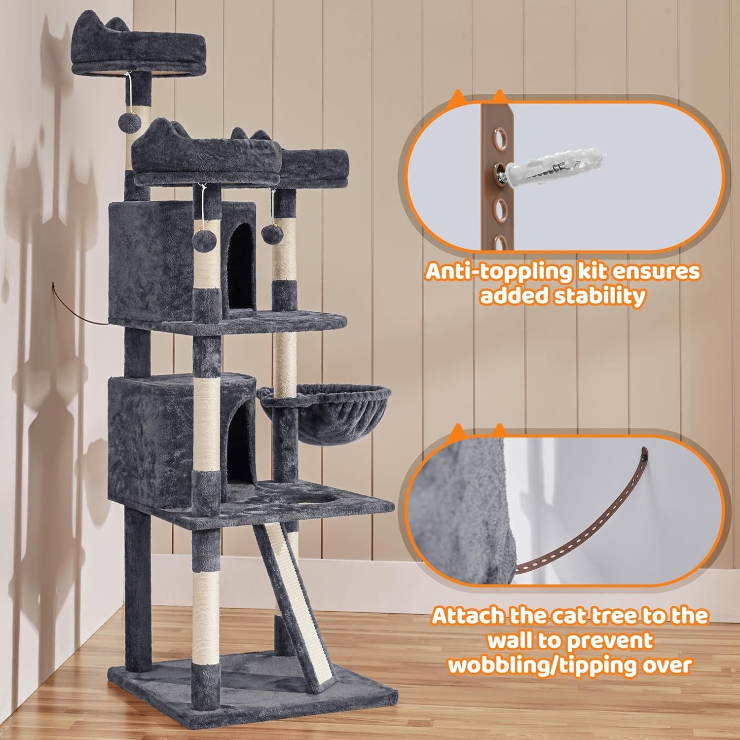 **68.5" Multi-Level Cat Tree Tower for Large Cats – 3 Perches, Condo & Scratching Posts (Dark Gray)**
