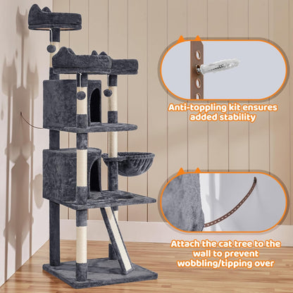 **68.5" Multi-Level Cat Tree Tower for Large Cats – 3 Perches, Condo & Scratching Posts (Dark Gray)**