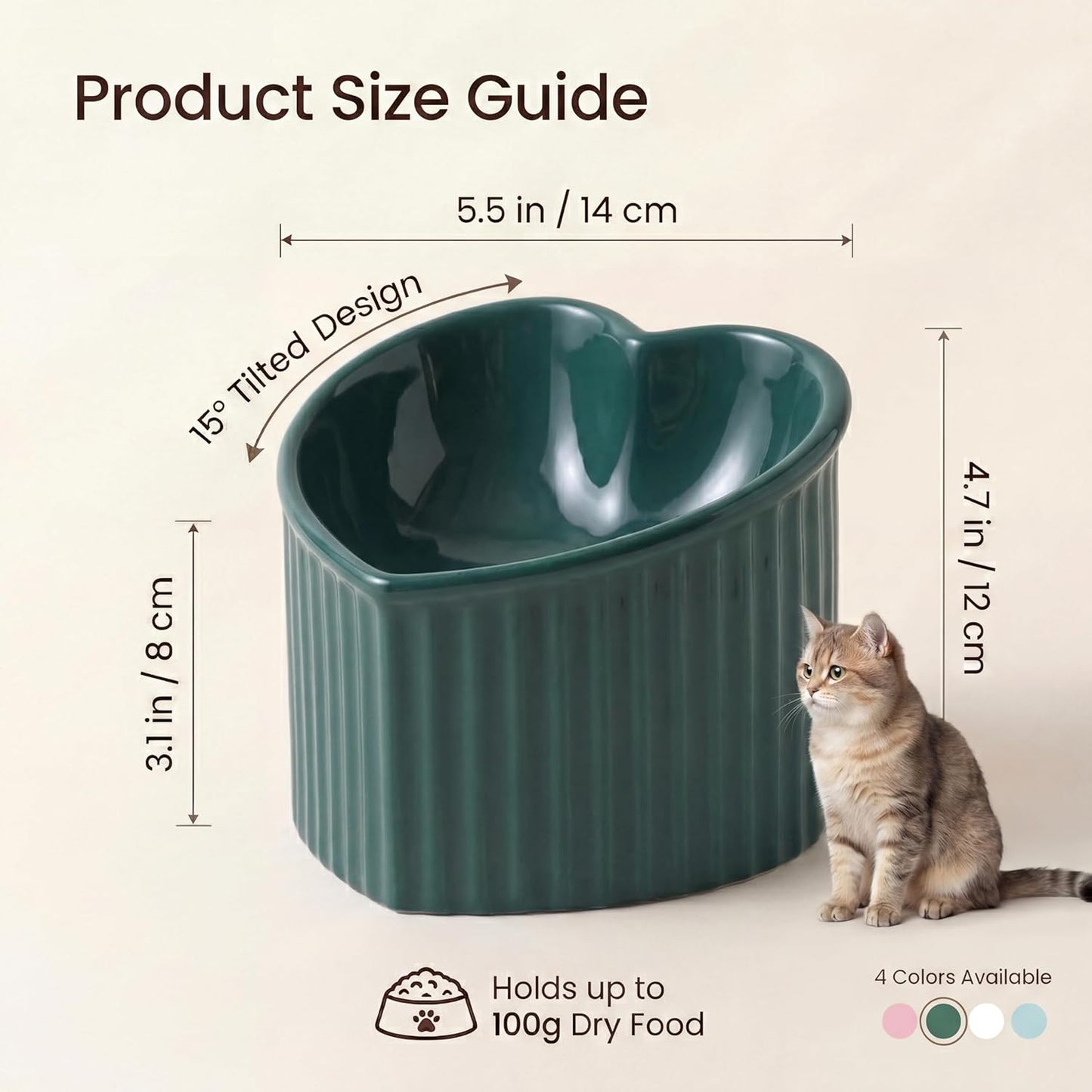 Dark Green Elevated Ceramic Cat Bowls – Tilted Raised Food & Water Bowls for Cats, Anti-Backflow Design, Dishwasher & Microwave Safe, Lead & Cadmium Free