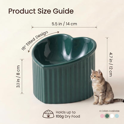 Dark Green Elevated Ceramic Cat Bowls – Tilted Raised Food & Water Bowls for Cats, Anti-Backflow Design, Dishwasher & Microwave Safe, Lead & Cadmium Free