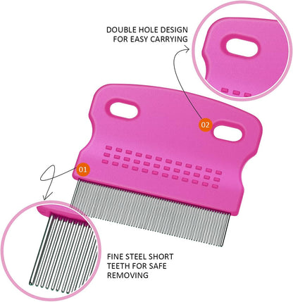 6 Pack Stainless Steel Flea & Lice Combs for Dogs & Cats - Double-Sided Grooming Tool with Rounded Teeth & Tear Stain Remover (Assorted Colors)