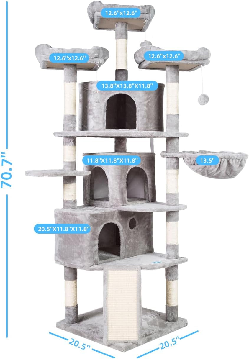 Extra Large Cat Tree Tower - 73.4" Cat Activity Center with 3 Caves, 3 Cozy Perches, and Scratching Posts - Perfect for Kittens and Large Cats - Light Gray