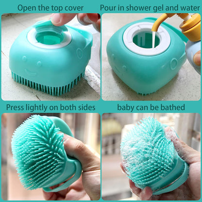 Soft Silicone Pet Bath Brush with Shampoo Dispenser - Perfect for Dogs & Cats - Blue Grooming Scrubber