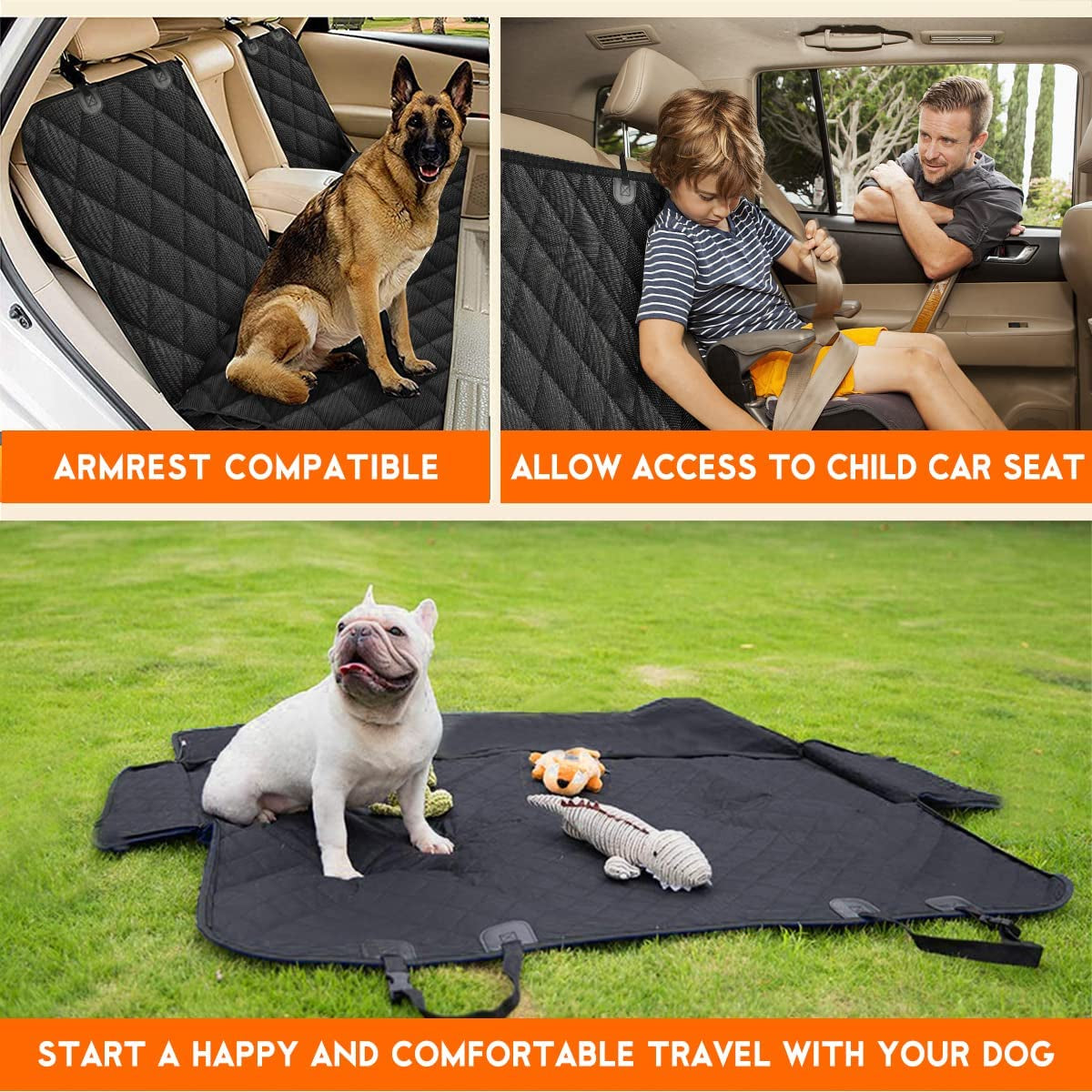 Premium Waterproof Dog Car Seat Cover - Non-Slip Back Seat Protector for SUVs, Trucks & Cars - Fits Middle Armrest - Black