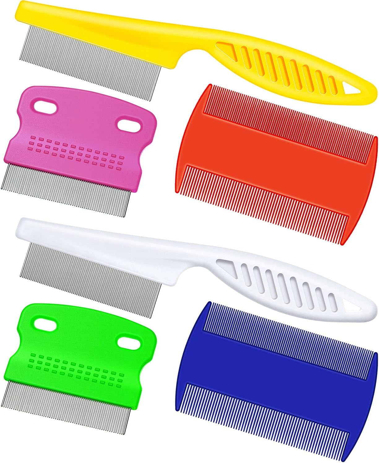 6 Pack Stainless Steel Flea & Lice Combs for Dogs & Cats - Double-Sided Grooming Tool with Rounded Teeth & Tear Stain Remover (Assorted Colors)