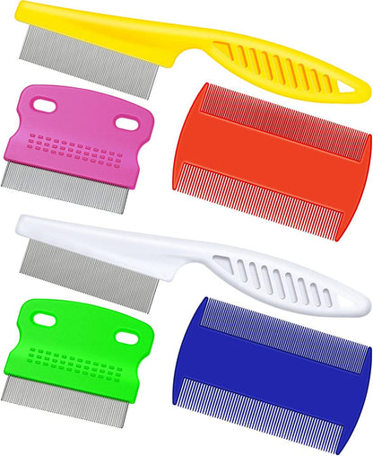 6 Pack Stainless Steel Flea & Lice Combs for Dogs & Cats - Double-Sided Grooming Tool with Rounded Teeth & Tear Stain Remover (Assorted Colors)