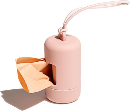 Stylish Blush Dog Poop Bag Holder & Dispenser - Leak Proof, Easy Refill Design with Leash Attachment and Complimentary Eco-Friendly Bags