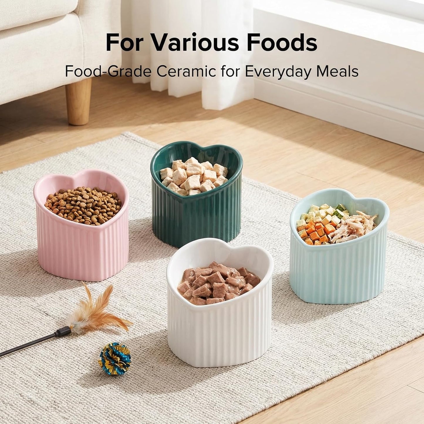 Dark Green Elevated Ceramic Cat Bowls – Tilted Raised Food & Water Bowls for Cats, Anti-Backflow Design, Dishwasher & Microwave Safe, Lead & Cadmium Free