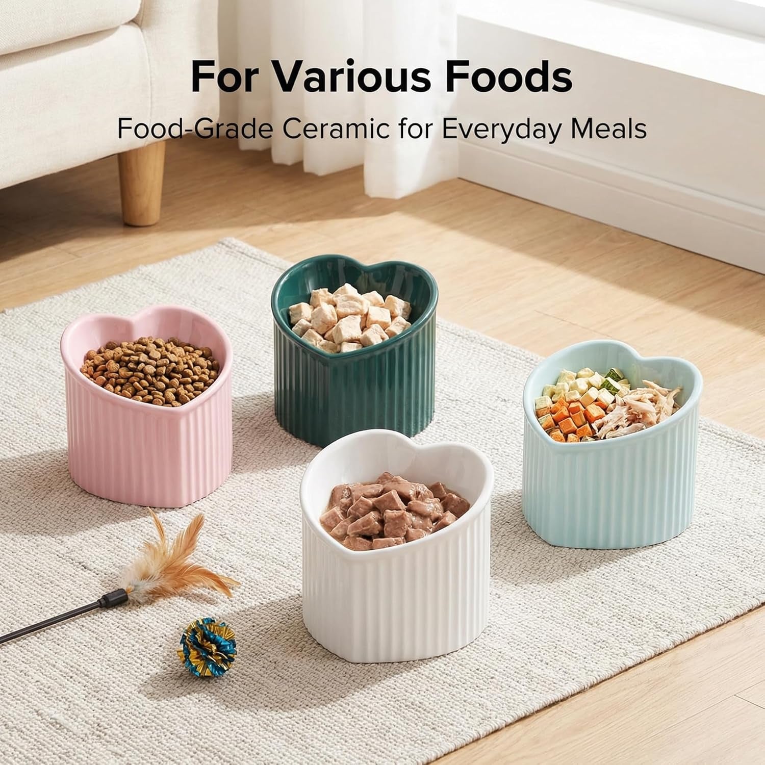 Dark Green Elevated Ceramic Cat Bowls – Tilted Raised Food & Water Bowls for Cats, Anti-Backflow Design, Dishwasher & Microwave Safe, Lead & Cadmium Free