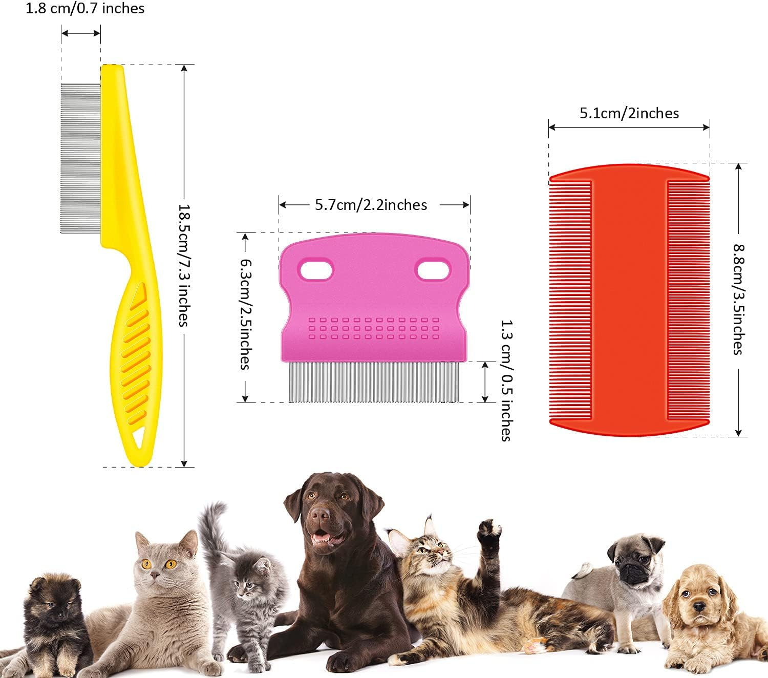 6 Pack Stainless Steel Flea & Lice Combs for Dogs & Cats - Double-Sided Grooming Tool with Rounded Teeth & Tear Stain Remover (Assorted Colors)