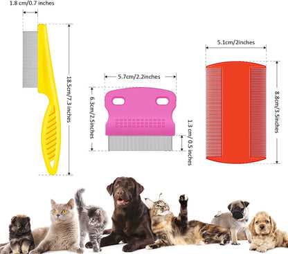 6 Pack Stainless Steel Flea & Lice Combs for Dogs & Cats - Double-Sided Grooming Tool with Rounded Teeth & Tear Stain Remover (Assorted Colors)