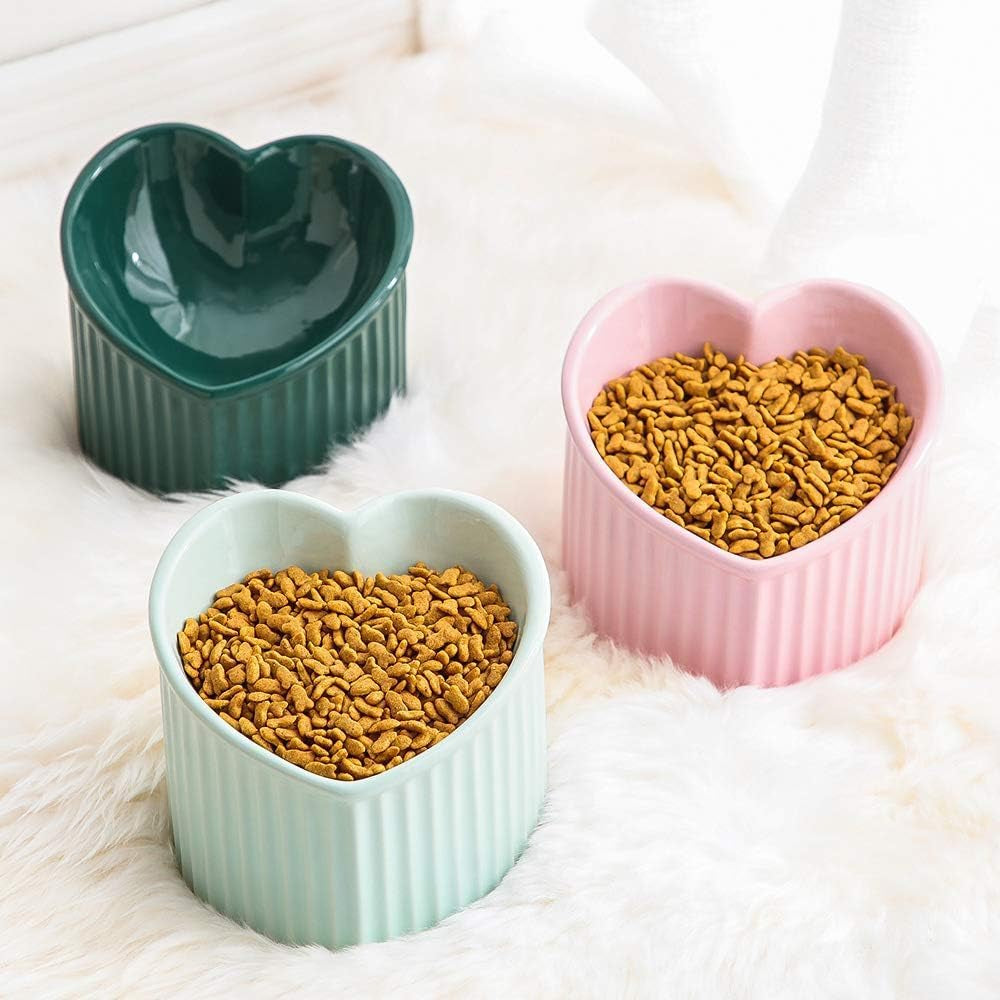 Dark Green Elevated Ceramic Cat Bowls – Tilted Raised Food & Water Bowls for Cats, Anti-Backflow Design, Dishwasher & Microwave Safe, Lead & Cadmium Free