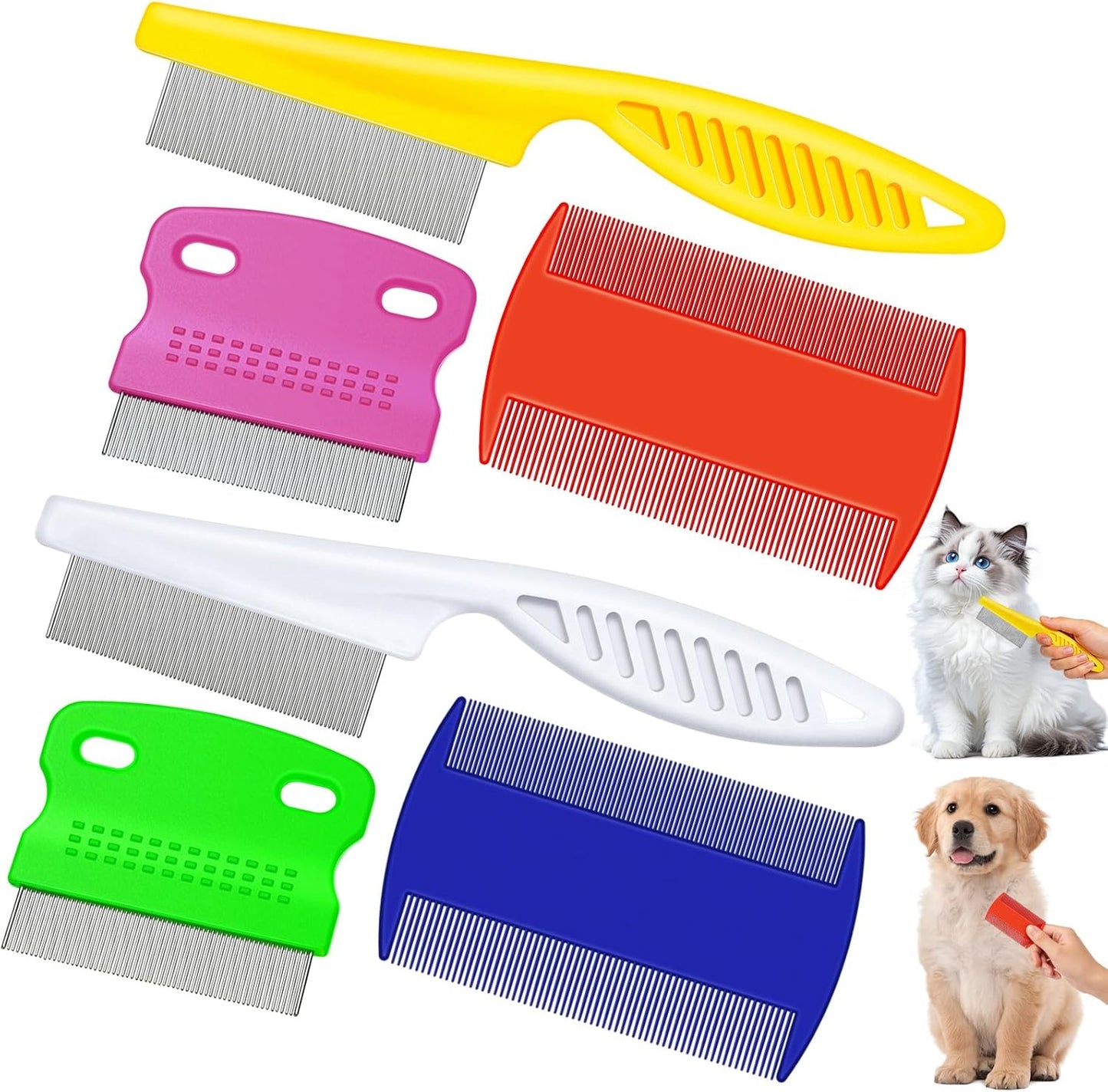 6 Pack Stainless Steel Flea & Lice Combs for Dogs & Cats - Double-Sided Grooming Tool with Rounded Teeth & Tear Stain Remover (Assorted Colors)