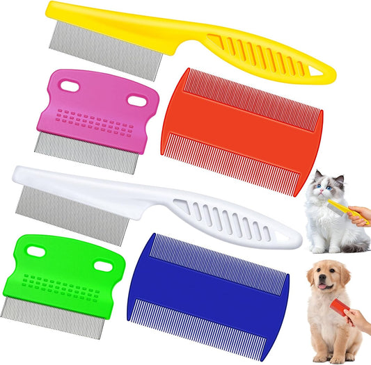 6 Pack Stainless Steel Flea & Lice Combs for Dogs & Cats - Double-Sided Grooming Tool with Rounded Teeth & Tear Stain Remover (Assorted Colors)
