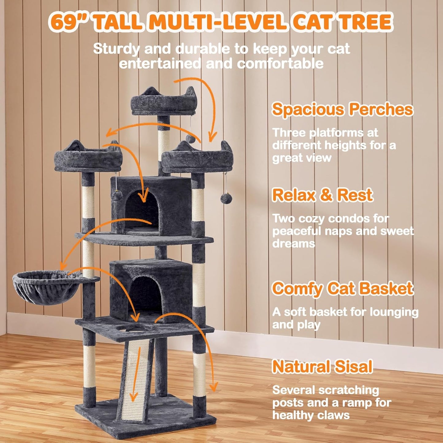 **68.5" Multi-Level Cat Tree Tower for Large Cats – 3 Perches, Condo & Scratching Posts (Dark Gray)**