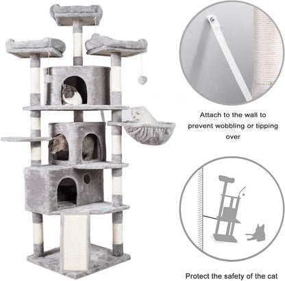 Extra Large Cat Tree Tower - 73.4" Cat Activity Center with 3 Caves, 3 Cozy Perches, and Scratching Posts - Perfect for Kittens and Large Cats - Light Gray