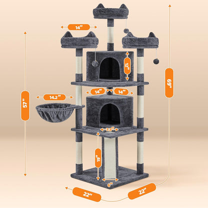 **68.5" Multi-Level Cat Tree Tower for Large Cats – 3 Perches, Condo & Scratching Posts (Dark Gray)**