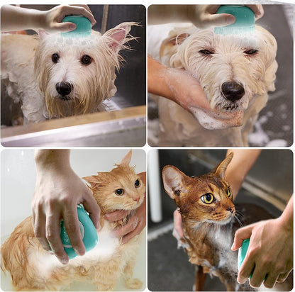 Soft Silicone Pet Bath Brush with Shampoo Dispenser - Perfect for Dogs & Cats - Blue Grooming Scrubber