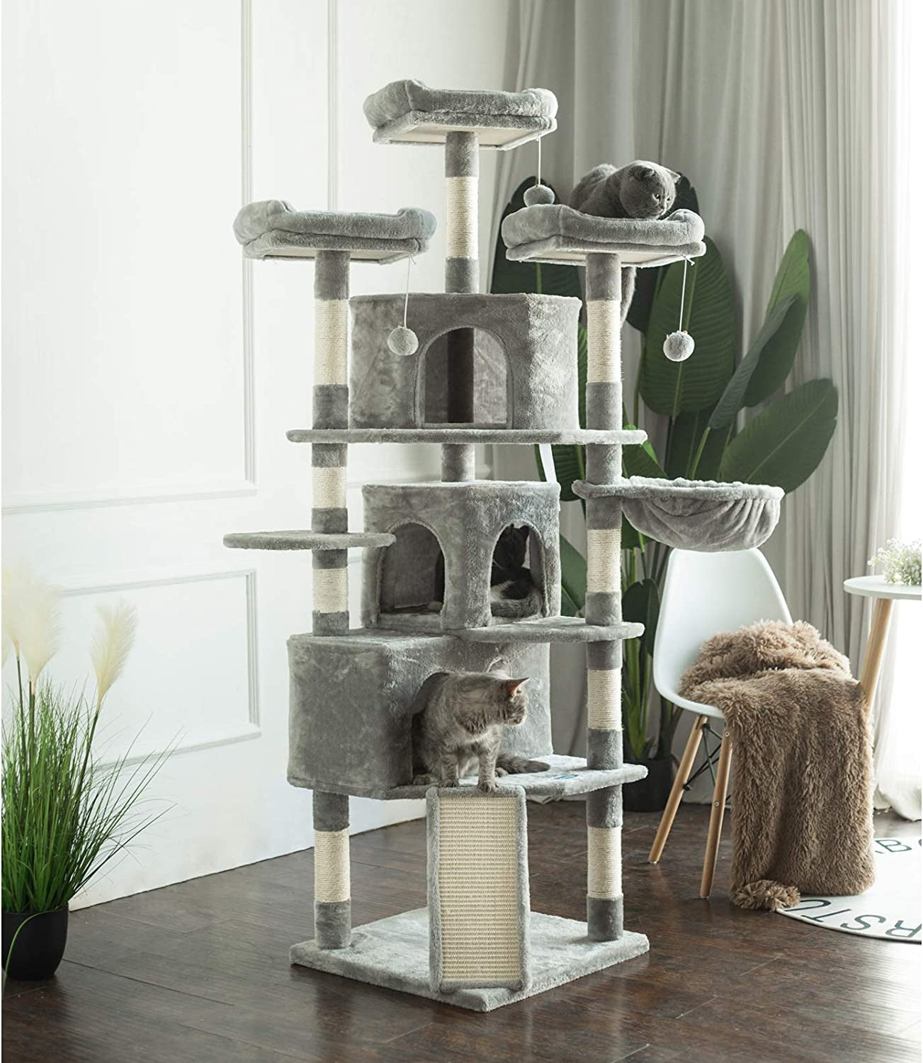 Extra Large Cat Tree Tower - 73.4" Cat Activity Center with 3 Caves, 3 Cozy Perches, and Scratching Posts - Perfect for Kittens and Large Cats - Light Gray